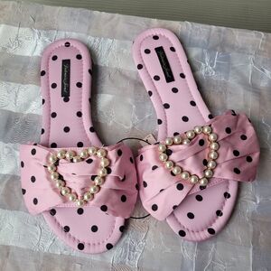 NWT Victoria's Secret Embellished Satin Bow Slide Pearl Heart Slppers Sz M 8-8.5